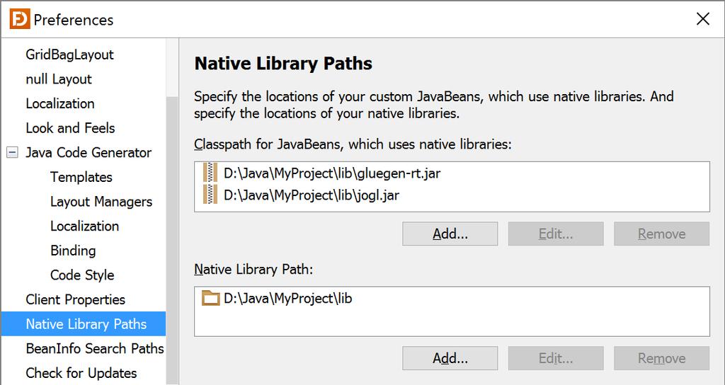 Native Library Paths On this page, you can specify the locations of custom JavaBeans that use native libraries and you can specify the folders where to search for the native libraries.