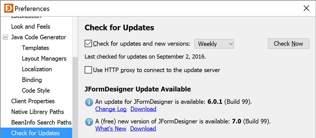 Check for Updates This page allows you to specify whether JFormDesigner should check for