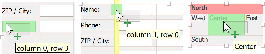 Use them to insert, delete or move columns/rows and change column/row properties. In the center is the design area. It displays the form, grids and handles.