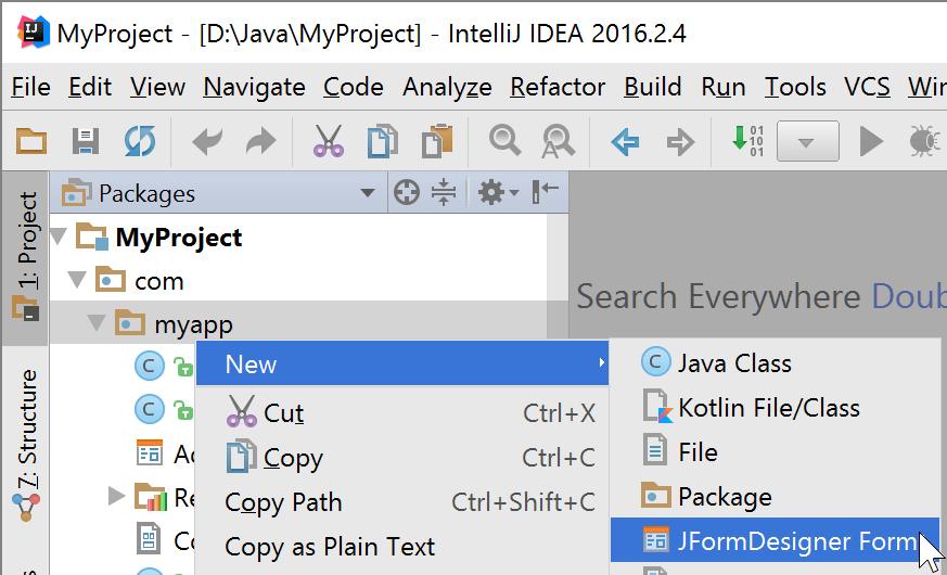 A JFormDesigner editor consists of: Toolbar: Located at top of the editor area. Palette: Located at the left side. Design View: Located at the center. Structure View: Located at the upper right.