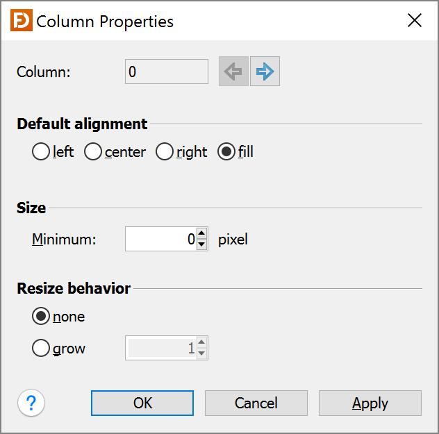 These four properties are JFormDesigner extensions to the original GridBagLayout. However, no additional library is required. Column/row properties Each column and row has its own properties.