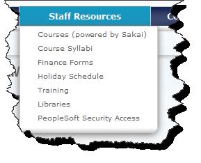 The Staff Resources menu list: Courses, the Community site Finance forms, the Holiday