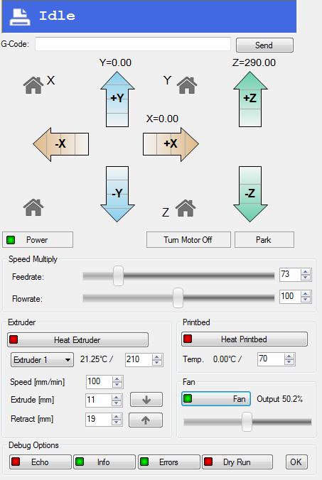 3.5.4. Manual Control 1 4 3 2 5 6 7 9 8 1) G-Code input field here you can manually type and send G-Code commands. You can find more about G-Code at http://reprap.