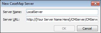 Managing the CaseMap Admin Console 13 4. In the Server URL field, type in the CaseMap Server address for the client application. For example: http://[your Server Name Here]/CMServer/CMServerAdmin.svc.