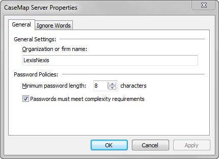 16 CaseMap Server 3. In the Organization or firm name field, type in the name of your organization. The maximum character limit for an organization or firm name is 255 characters. 4.