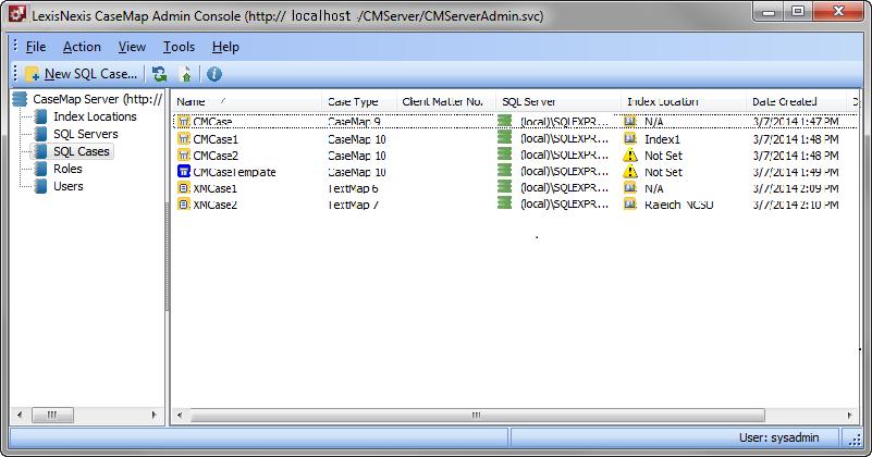 Managing the CaseMap Admin Console 57 Creating users M anaging SQL Cases About SQL cases The SQL Cases pane allows you to set up CaseMap or TextMap cases on an SQL Server.