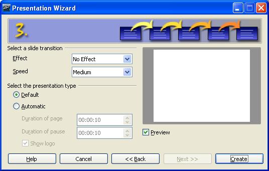 Creating a new presentation Figure 3. Selecting a slide transition effect and speed The Effect option creates transitions between all the slides in the presentation.