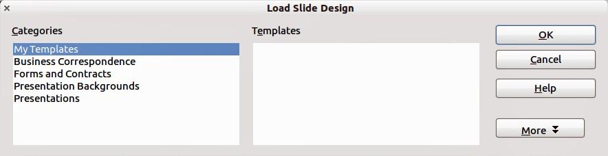 The main window in the dialog shows the slide masters already available for use. To add more: 1) Click the Load button.