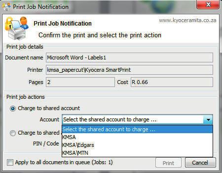 Client software is included for user authentication, user confirmation of print job cost, to display a running account balance or to allow users to charge to a group, department or client account.