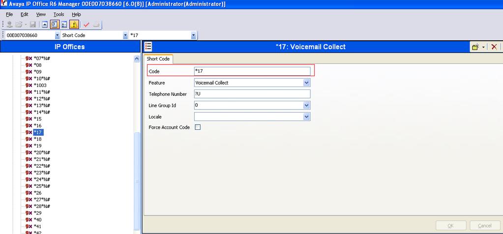 Add Shortcode for Voicemail Voicemail is already set up on IPO and *17 is used as the shortcode as shown in the