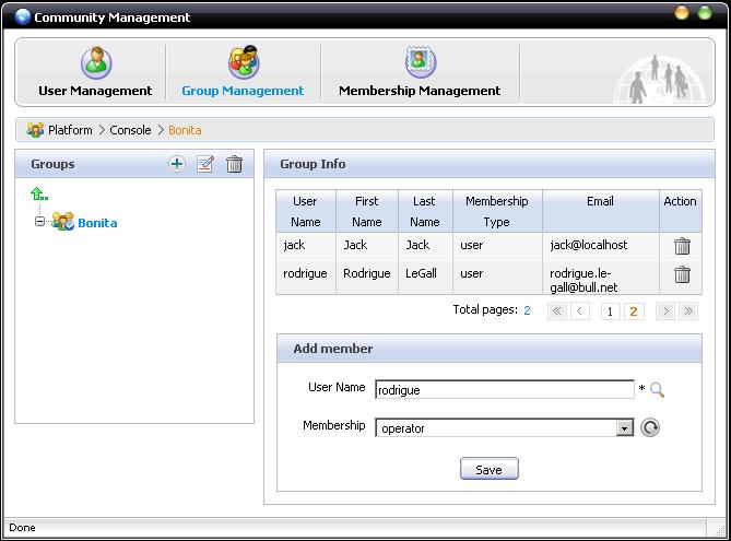 Figure 8-60. Add member dialog (1/2) Step 3 : fill the Add member form with user name rodrigue and Membership operator and click on Save The user is now an operator of the Nova Bonita Console.
