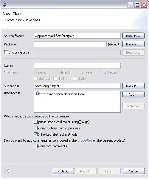Figure 6-8. Editing Java Hook settings In this wizard you are allowed to specify the name of your hook as well as the java package in which you want it to be.