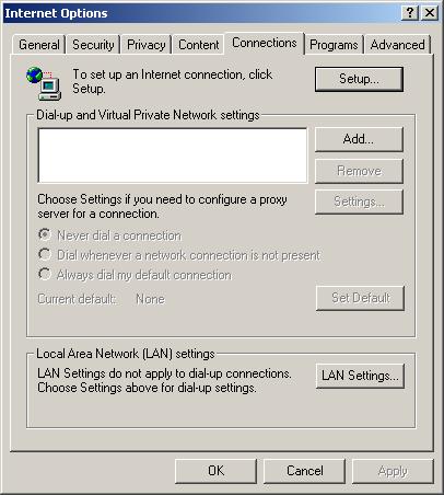 3. Click the [Connections] tab, and click [LAN Settings]. 4.