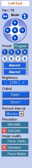 1.2.3 Using Operation Bar End Display and Preset Display: Pan/Tilt Scan: Pan/Tilt/ Home Position: Preset Button: Alarm Position: Brightness: Output Control: Refresh Interval: Resolution: Image
