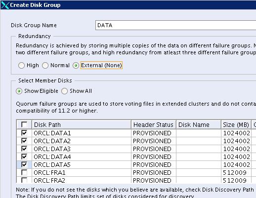 Create ASM diskgroups for Database: as grid user:.