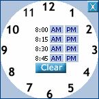 To set a time, position your mouse over the hour, then move the mouse over the AM or PM in the center of the clock and click. The time will be entered into the field.