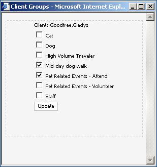 Client Groups Each pet sitting company can create groups of clients. Defining groups is a function located on the Admin screen.