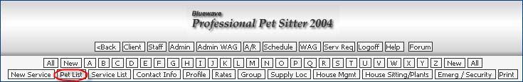 Pet List A list of pets for this client is displayed. Pressing Edit will display pet information and permit updates.