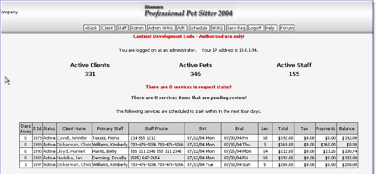 Post Log on Screen The system messages screen displays the number of active clients, pets and staff. You will also see services that are in request status, and other items that need review are listed.