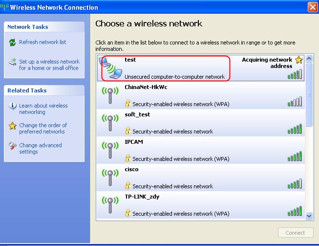 . Open the wireless network card of PC and search the wireless network around the area. You can find the SSID you filled for the camera (Figure 3.21).