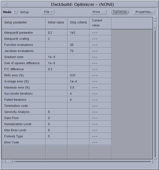 This invokes the DECKBUILD Optimizer as shown in Figure 2-27. The first optimizer displays a table of the control parameters in the Setup Mode.