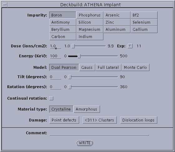 a. From the Commands menu, select Process follows by Implant... The ATHENA Implant menu will appears as shown in Figure 2-38. b. Select Boron from the Impurity field. Figure 2-38 ATHENA Implant Menu.