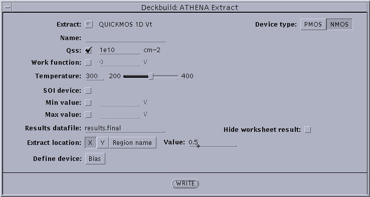 a. From the ATHENA Extract menu, change the Extract field from Sheet resistance to QUICKMOS 1D Vt. b. For the Name field, type in 1dvt. c. For the Device type field, click on the NMOS. d.
