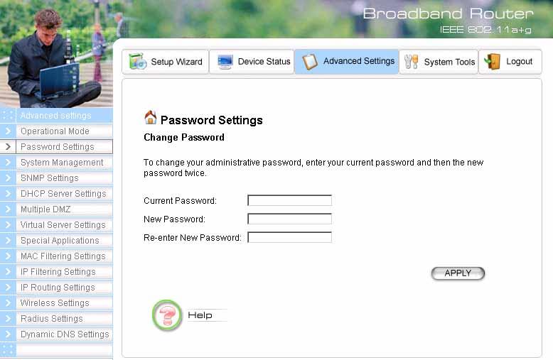 Password Settings Your 802.11a+g Router comes with a default factory password of password. After you start using the router, you should change the default password.