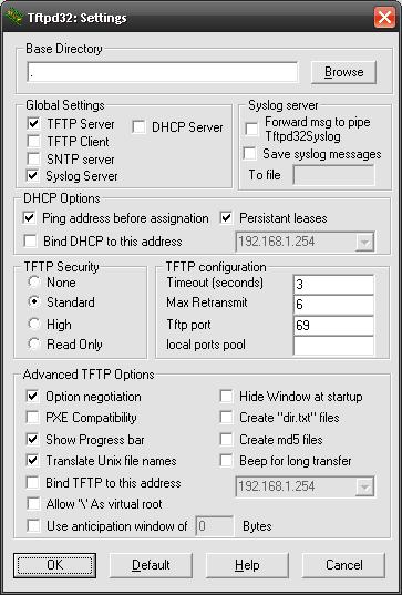 tftpd32 application main window and setting window. 5. Assign the tftp folder in the tftp server.