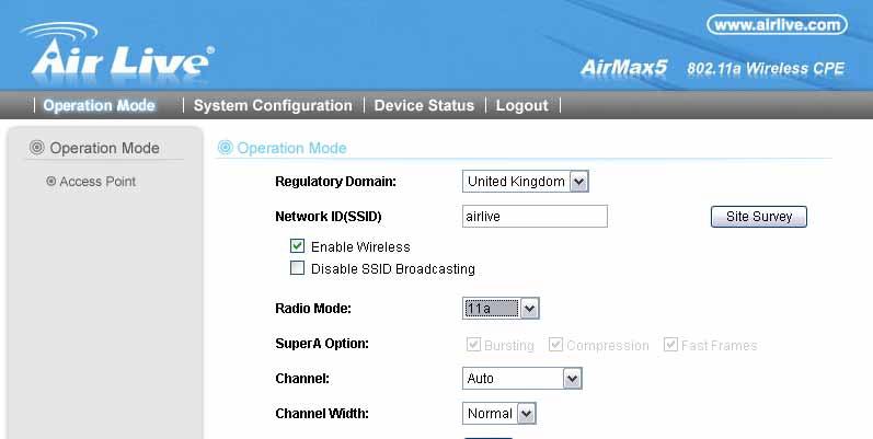 3. Configuring the WHA-5500CPE 3.5.3 Change the Country Code The legal frequency and channels in 5GHz spectrum varies between countries.