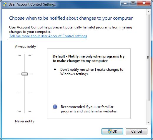 Figure 3 Control how the UAC box works in Windows 7 NOTES The UAC (User Account Control) box in Windows 7 does not appear as often as it does in Vista.