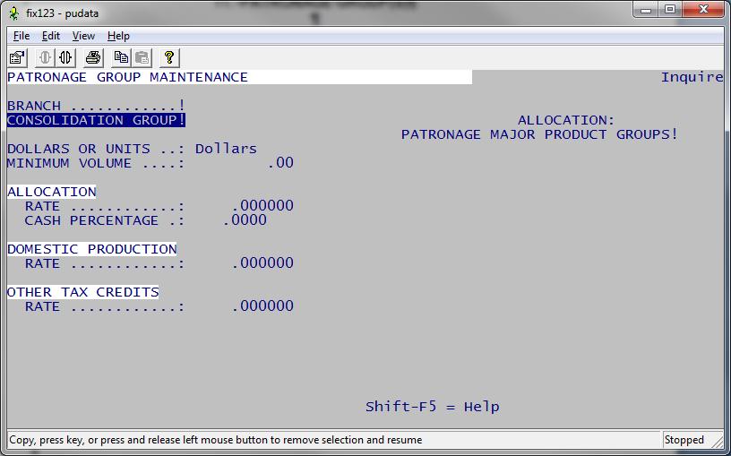Patronage / Equity File Maintenance Page - 7 11. PATRONAGE GROUP(S) INSTRUCTIONS This program defines which Inventory group numbers are to be used as patronage consolidation group numbers.