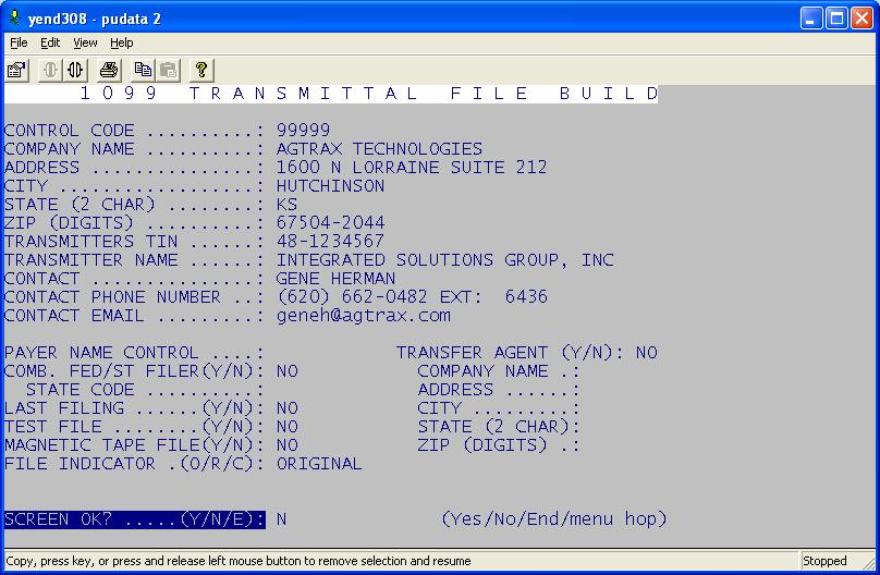 Patronage / Equity General Page - 135 FOLLOWING IS A SAMPLE OF THE 1099 TRANMITTAL SCREEN. THIS SCREEN DISPLAYS WHEN TRANSMIT OR IMPORT ARE CHOSEN.