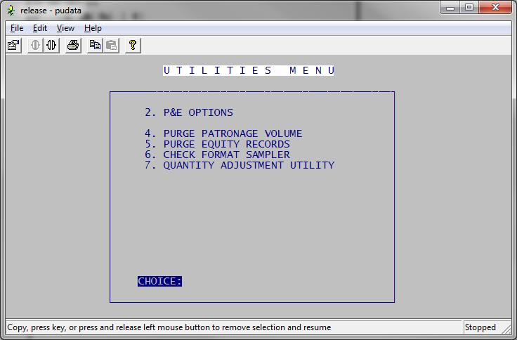 Patronage / Equity Utilities Page - 145 UT. UTILITIES MENU INSTUCTIONS This menu gives the operator several options for use in setting up the Patronage and Equity Module.
