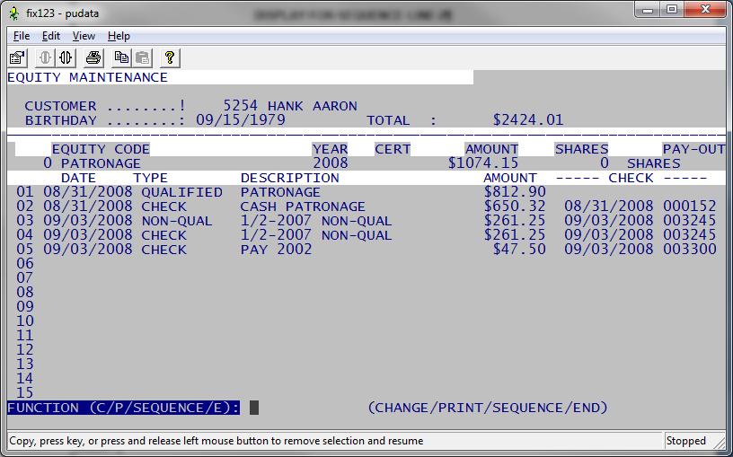 Patronage / Equity File Maintenance Page - 32 DISPLAY FOR SEQUENCE LINE 2 Each of