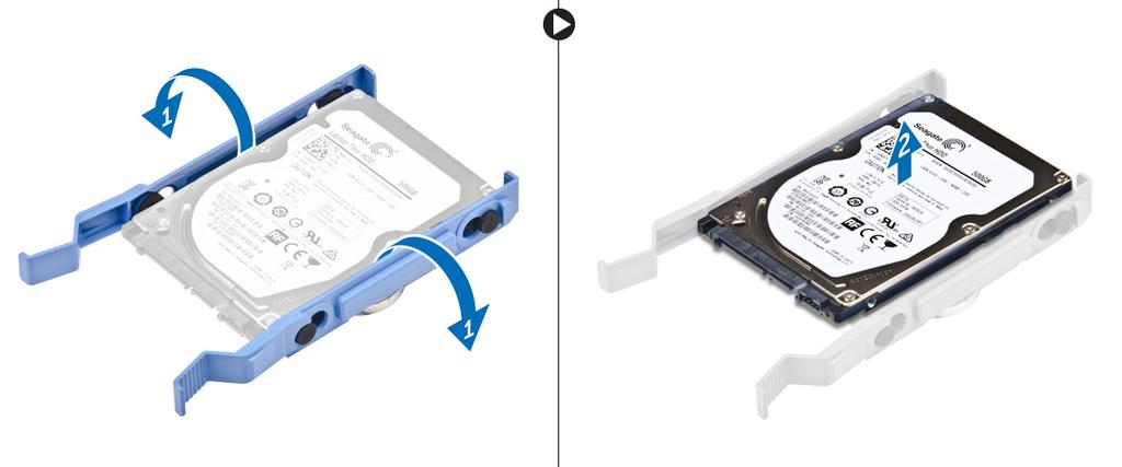 c. hard drive assembly 3. To remove the hard drive bracket: a. Pull one side of the hard drive bracket to disengage the pins on the bracket from the slots on the hard drive [1]. b. Lift the hard drive out of the hard drive bracket [2].