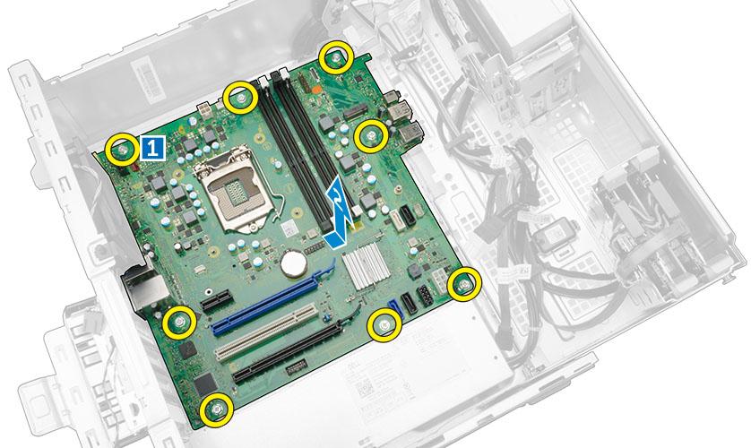Installing the system board 1. Hold the system board by its edges and angle it toward the back of the computer. 2.