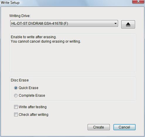 12. Configure the writing settings and click [Create]. * This image is for illustration purposes only. Some items are not displayed depending on the disc used.