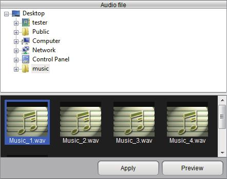 Audio file panel Clicking [Audio file] button displays following panel. To add music on videos: P.90 ₁ ₂ ₃ ₄ Source A list of locations where the clips are stored.
