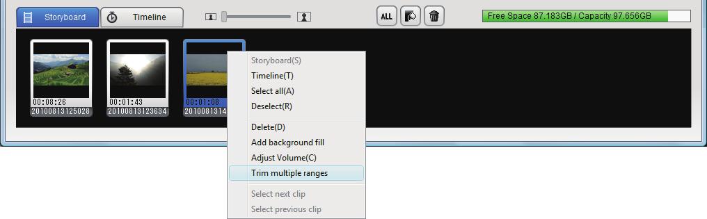 Common items Following items are displayed in both Storyboard and Timeline display. ₁ ₂ ₃ ₄ [Storyboard] tab Displays the order of clips visually.