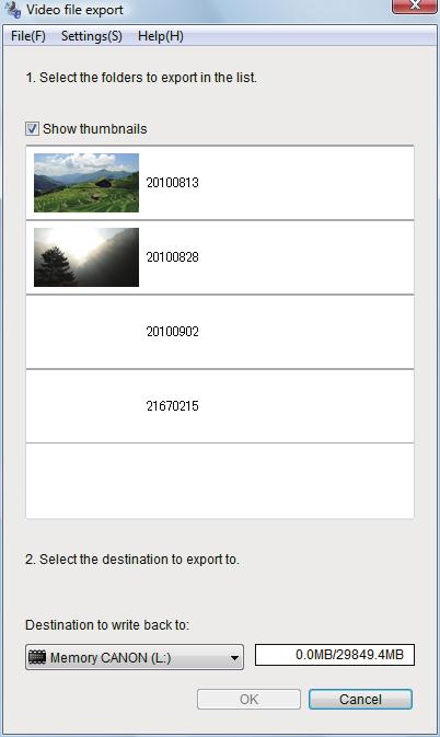 ⒊ Select the folders to export. Video files are exported by date folders. Date folders are created when importing video files from the camcorder. * * Video file export screen: P.