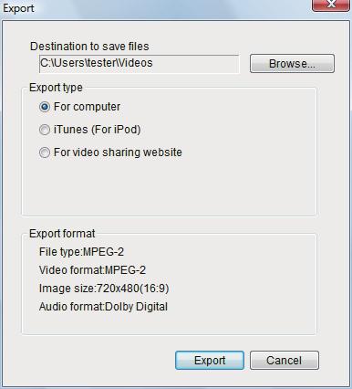 ⒋ Configure the writing settings and click [Export]. Additional operations in the video sharing Web site or in itunes are required for using files saved by this method.