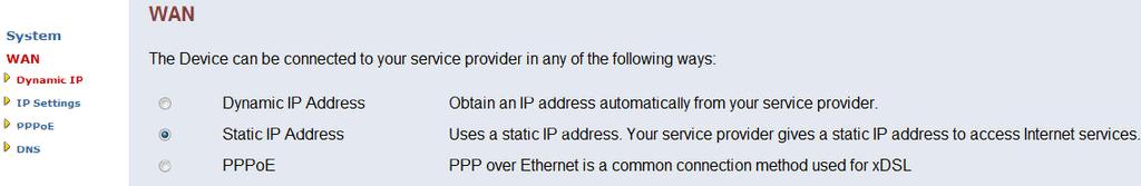 The modem supports Dynamic IP, Static IP and