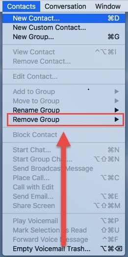 7.2 DELETE CONTACT GROUP Step 1.) Select the Jabber application, then select Contacts from the Mac menu bar at the top of the screen.