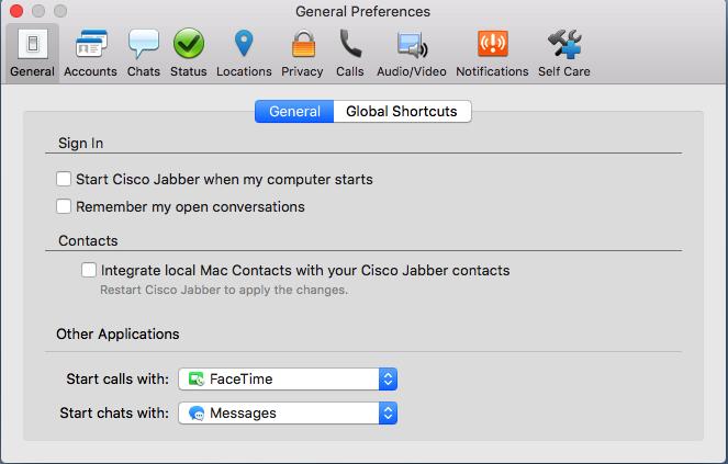 Accounts: Configure Jabber server settings. Chats: Set chat message preferences. Status: Change status preferences.