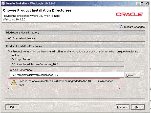 Running OUI to Upgrade an Existing WebLogic Server to 10.3.6 Note: The OUI installer automatically selects the Oracle Coherence component.