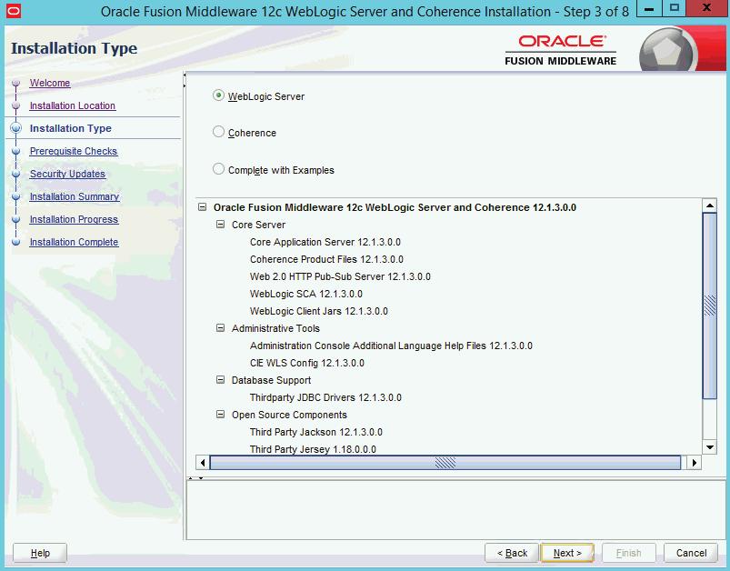 Installing Oracle WebLogic 12.1.3 6. On Installation Type, select the type of installation you wish to perform.