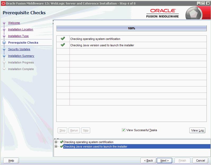 Installing Oracle WebLogic 12.1.3 8. The installer runs Prerequisite Checks and shows progress. 9.
