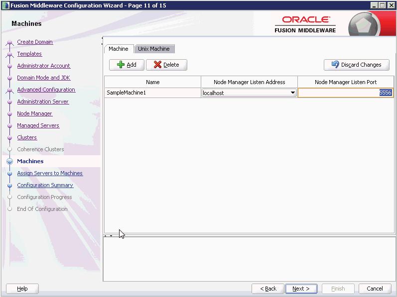 Using Fusion Middleware Configuration Wizard to Configure Oracle WebLogic 12.1.3 20. On Machines, click the Machine tab and then click the Add button to define a machine name.