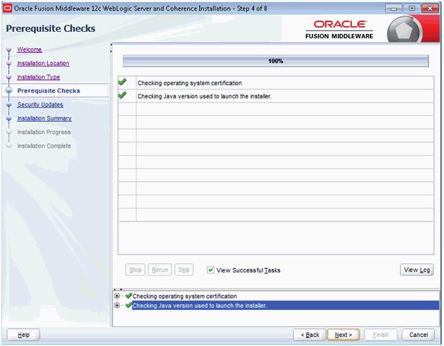 Installing Oracle WebLogic 12.1.2 8. The installer runs Prerequisite Checks and shows progress. 9.